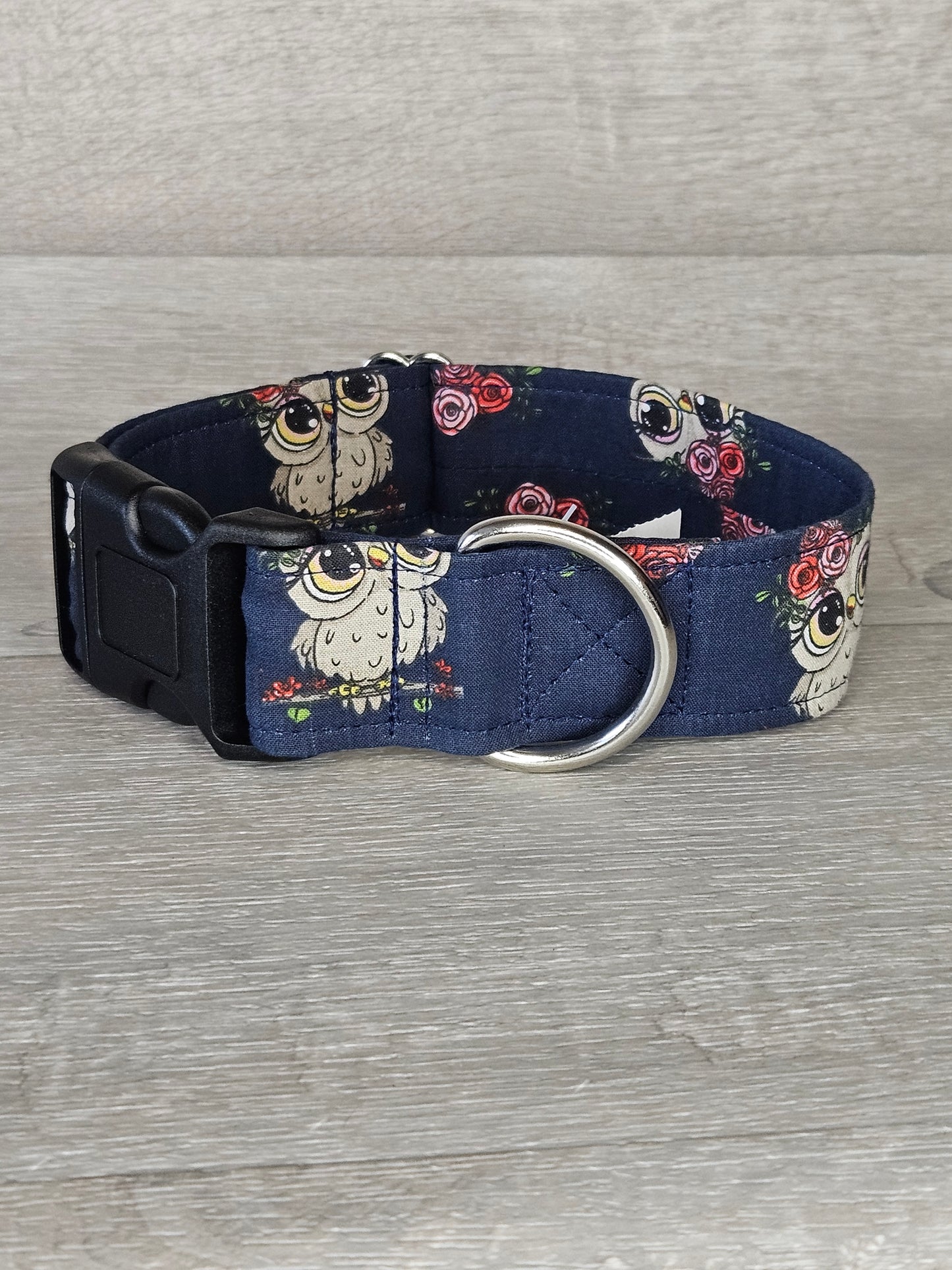 Halsband EulenMöter Halsumfang 36-53 cm, blauer Stoff mit Eulenmotiv, waschbar, handgemacht - bacai-design.de