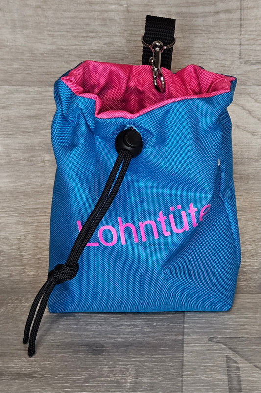 Snackbeutel, verschließbar mit der Aufschrift Lohntüte, Außenfarbe blau und innen pink- bacai-design.de