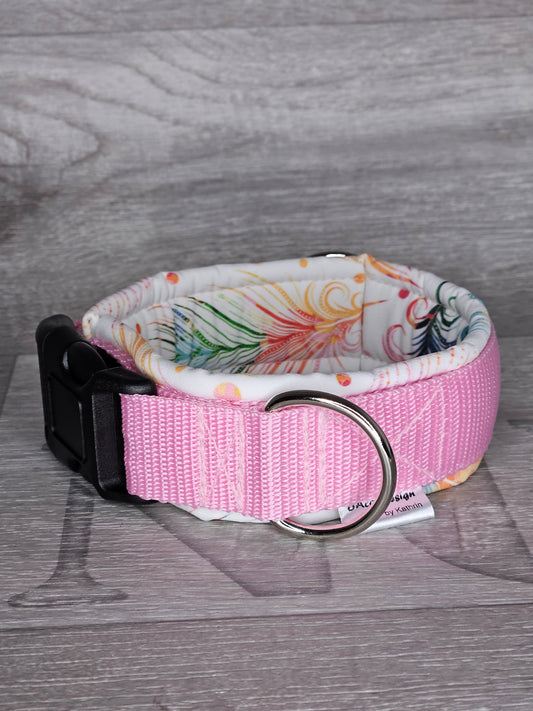 Hundehalsband Soft Feather Joy Halsumfang 32-35 cm, pink und weiß Feder - bacai-design.de