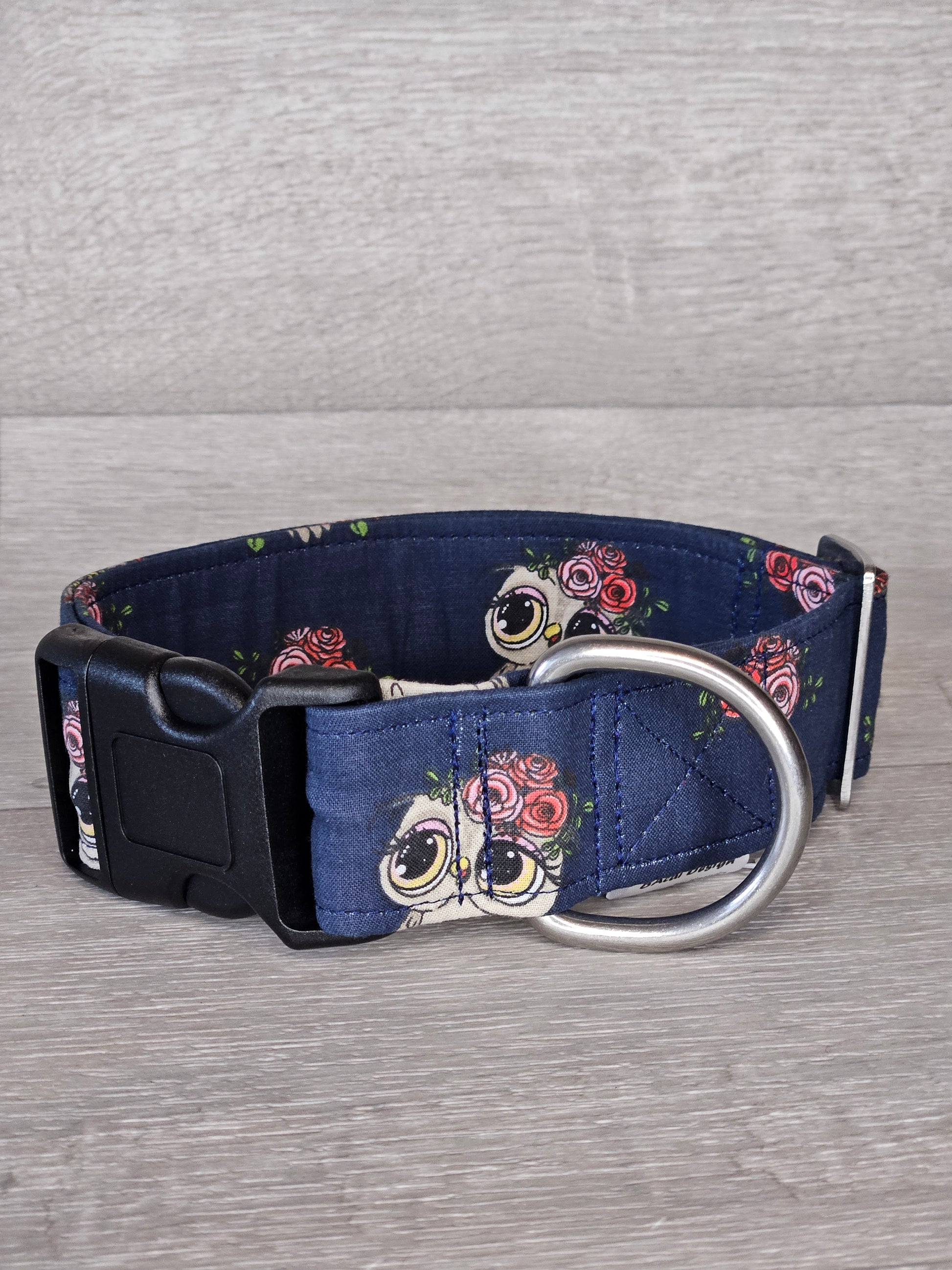 Halsband EulenMöter Halsumfang 36-59 cm, blauer Stoff mit Eulenmotiv - bacai-design.de