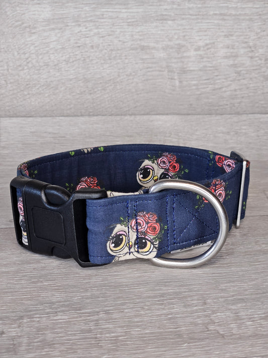 Halsband EulenMöter Halsumfang 36-59 cm, blauer Stoff mit Eulenmotiv - bacai-design.de