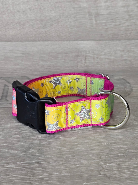 Hundehalsband Funkelstern Halsumfang 29-44 cm, gelb-silber, waschbar, verstellbar, handmade - bacai-design.de